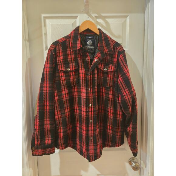 American Rag Red Black Plaid Quilted Shirt Faux Suede Elbow Patches Snap Large - Picture 2 of 9